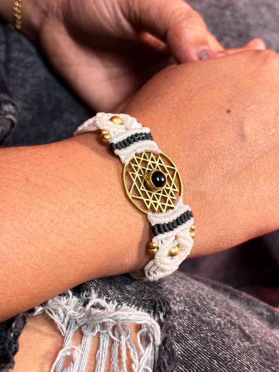 White Macrame bracelet sri yantra 